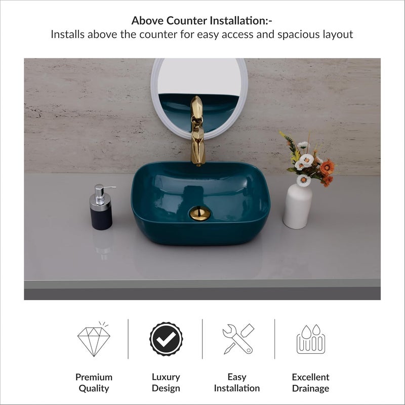 ACRAVIT CERAMIC Designer Table Top Ceramic Wash Basin Vessel Sink with Slim Rim Collapsible Countertop Basin OverCounter Bathroom Sink Aquq Green450 X 350 X 120MM - Image 5