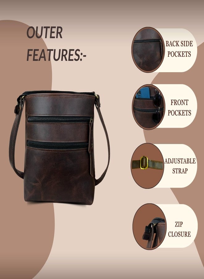 Madosh Genuine Brown Leather Unisex Crossbody Shoulder Sling Small Crossover Side Multiple Pocket Hand Bag, Brown, Small - Image 4