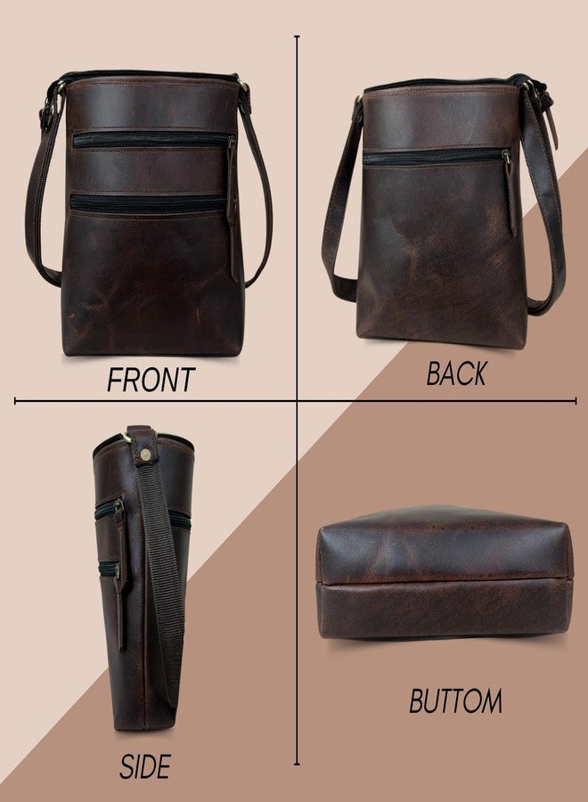 Madosh Genuine Brown Leather Unisex Crossbody Shoulder Sling Small Crossover Side Multiple Pocket Hand Bag, Brown, Small - Image 2