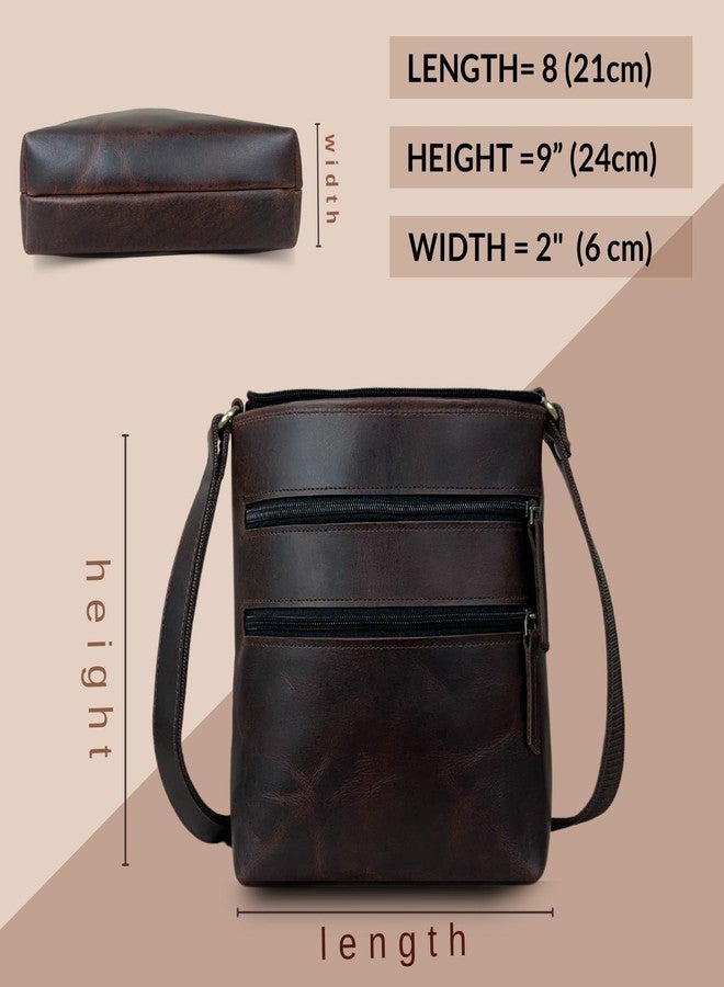 Madosh Genuine Brown Leather Unisex Crossbody Shoulder Sling Small Crossover Side Multiple Pocket Hand Bag, Brown, Small - Image 5