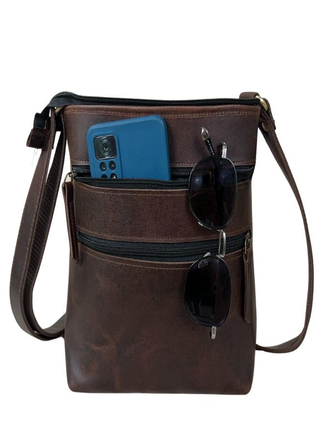 Madosh Genuine Brown Leather Unisex Crossbody Shoulder Sling Small Crossover Side Multiple Pocket Hand Bag, Brown, Small - Image 1