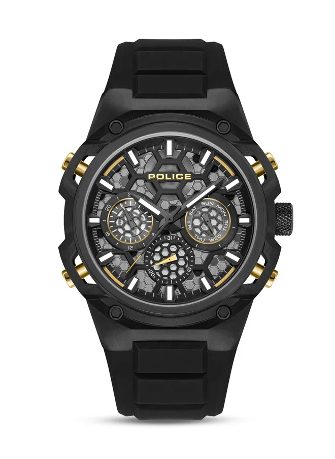 POLICE Men's Challenger 46mm Multifunction Men's Watch with Honeycomb Dial & Black Silicone Strap