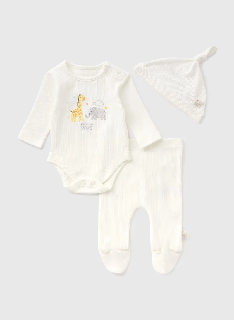 Matalan 3 Piece Baby Cream Born In 2025 Top & Trouser Set