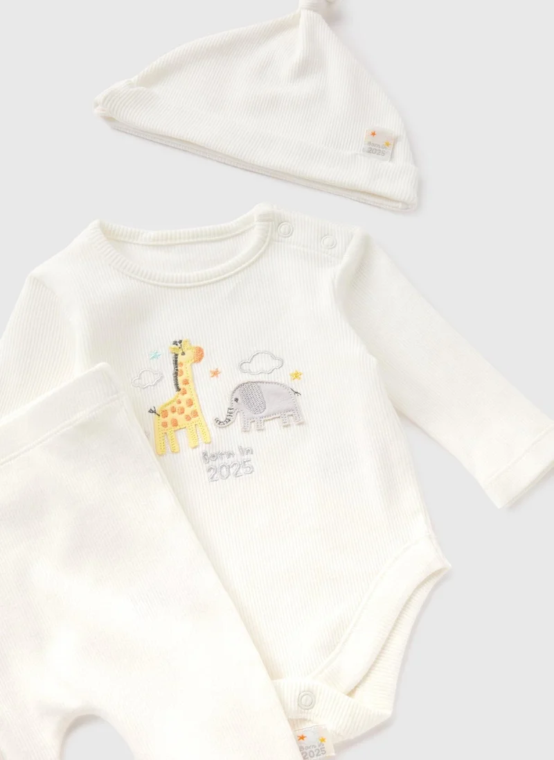 Matalan 3 Piece Baby Cream Born In 2025 Top & Trouser Set
