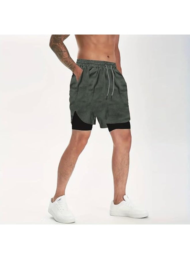 VITION Gym Shorts for Men, Men's Activewear Running Shorts,Drawstring Gym Shorts Men, 2 Layer Loose Athletic Shorts with 4 Pockets (Large, Army Green) - Image 2