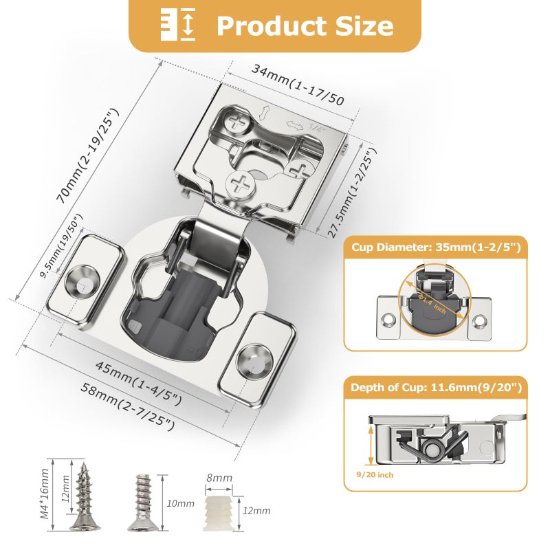 Furniware 2 Pieces 1/4" Small Overlay Concealed Face Frame Hinges, 105Â° Open Angle 4 Level Soft Close Screw On Compact Cabinet Hinge,for Face Frame Door, Soft Close On/Off Switch, Self Closing - Image 4