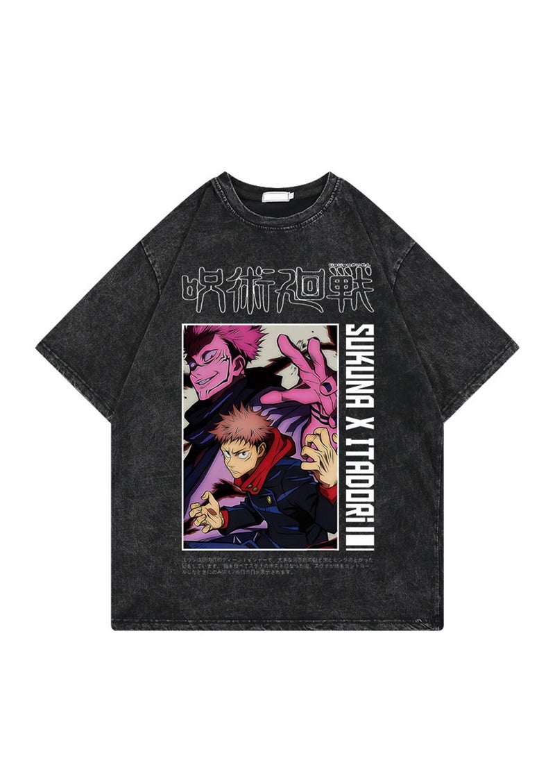 Washed retro T-shirt street hip hop anime Jujutsu Kaisen casual cotton summer short sleeves - Image 1