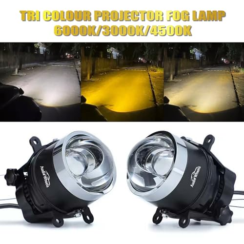Audio Wheels 3" LED Projector Fog Lamp with Cover 120W, Tri-Color (White/Warm/Yellow) | Single Beam | with Blue Tint Film | 12V/24V Fog Light for Car & Vehicle Modification | For Mahindra Thar 2020 - Image 3