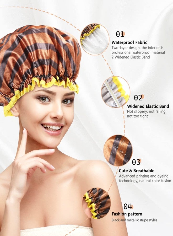 mikimini Shower Cap for Women and Girls, Double Waterproof for Kids, Reusable, Washable, Golden Stripes Fashionable Medium Pack of 1 Stripe - Image 4