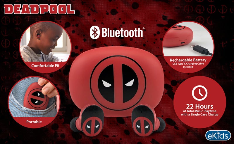 eKids Deadpool Wireless Earbuds with Microphone, Bluetooth Earbuds with Charging Case (Deadpool) - Image 2