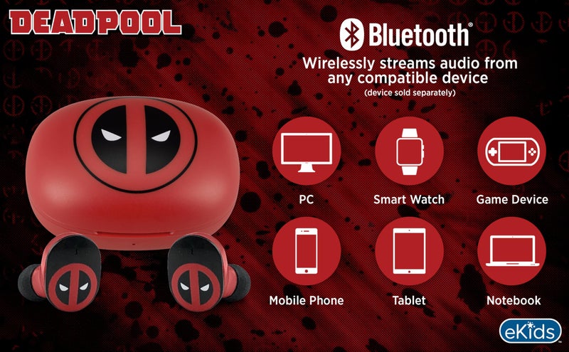eKids Deadpool Wireless Earbuds with Microphone, Bluetooth Earbuds with Charging Case (Deadpool) - Image 4