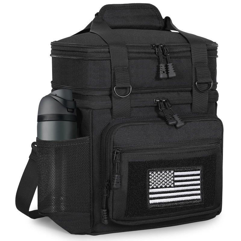 GLENKEY Tactical Lunch Box Cooler Bag - Expandable Insulated Lunch Bag for Men Women - Large Lunchbox for Adults Work Shifts Outdoor Trips Black with Flag 16L - Image 1