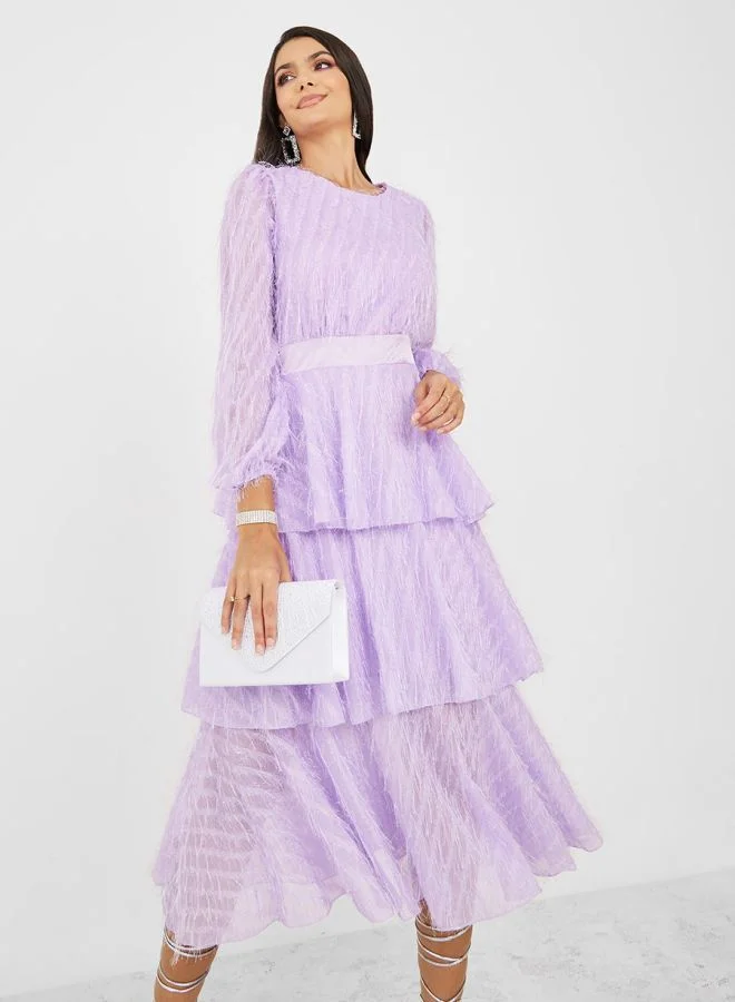 Styli Faux Feather Detail Layered Midi Dress