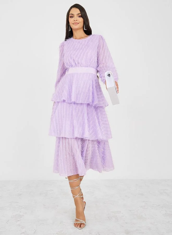 Styli Faux Feather Detail Layered Midi Dress