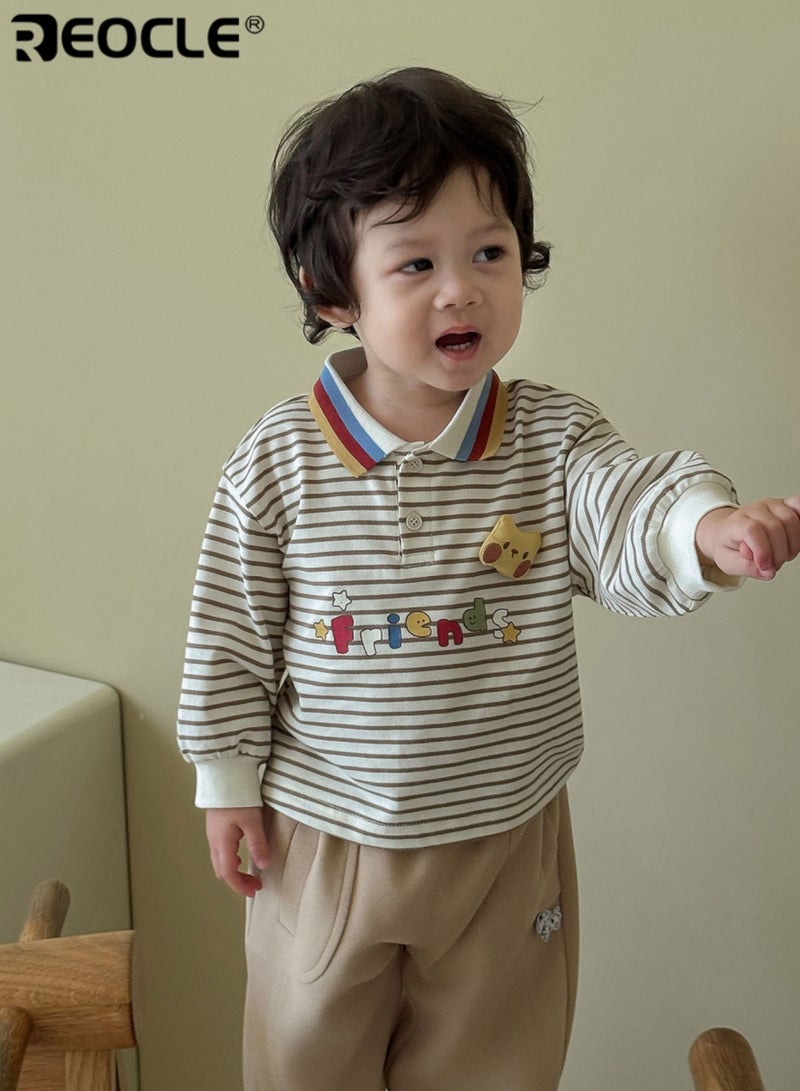 ريوكل تي شيرت بولو للأطفال بتصميم مخطط وتفاصيل كرتونية، قمة مرحة من القطن الناعم للارتداء غير الرسمي في الخريف - Image 4