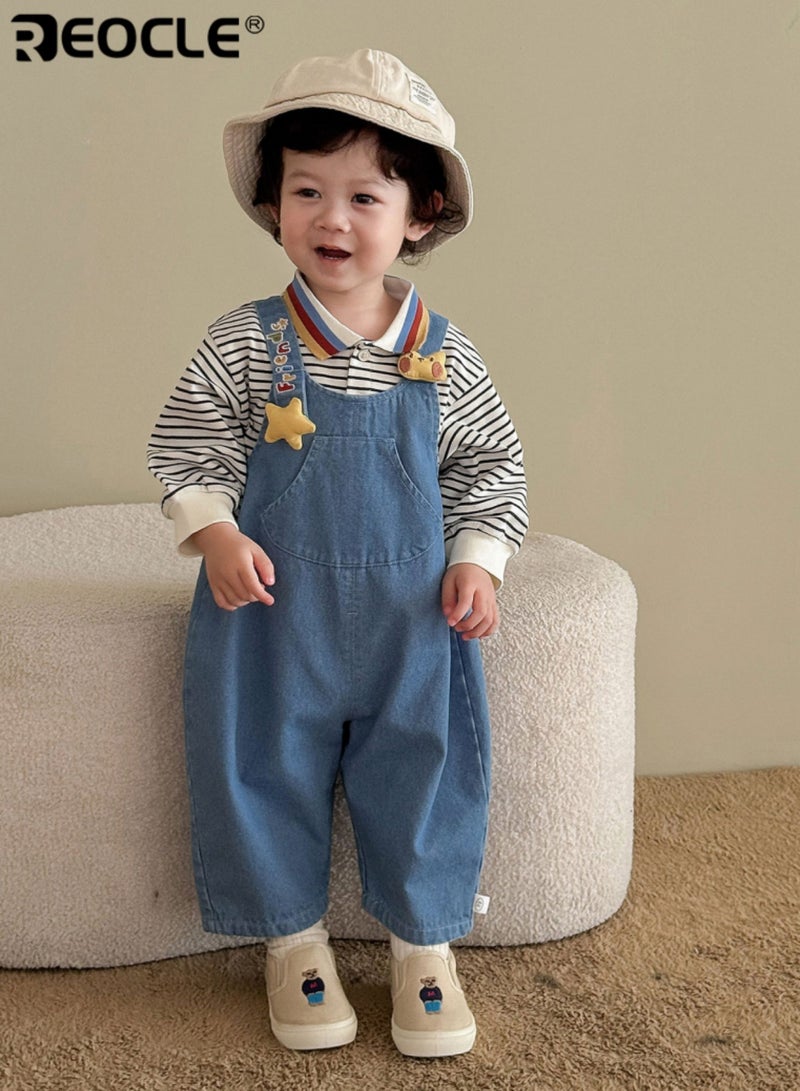 ريوكل تي شيرت بولو للأطفال بتصميم مخطط وتفاصيل كرتونية، قمة مرحة من القطن الناعم للارتداء غير الرسمي في الخريف - Image 2