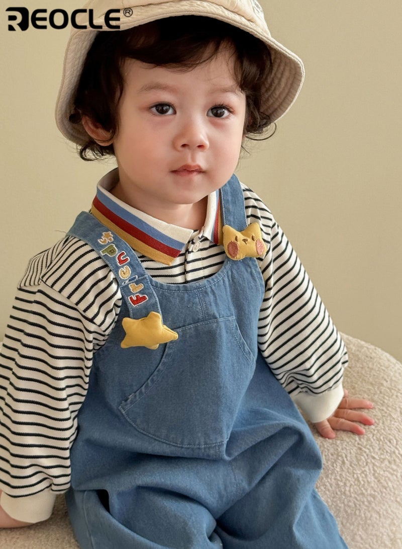 ريوكل تي شيرت بولو للأطفال بتصميم مخطط وتفاصيل كرتونية، قمة مرحة من القطن الناعم للارتداء غير الرسمي في الخريف - Image 5