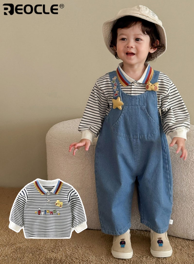 ريوكل تي شيرت بولو للأطفال بتصميم مخطط وتفاصيل كرتونية، قمة مرحة من القطن الناعم للارتداء غير الرسمي في الخريف - Image 2