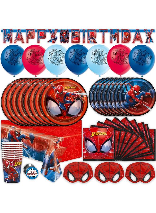 Bluejw Spiderman Birthday Party Supplies Set | Spiderman Party Supplies | Spiderman Birthday Decorations | Serves 16 Guests | With Balloons, Banner, Table Cover, Plates, Cups, Napkins, Masks, Button - Image 1