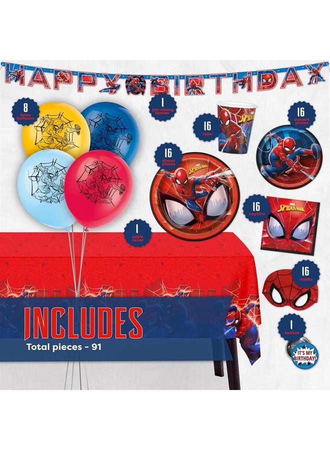 Bluejw Spiderman Birthday Party Supplies Set | Spiderman Party Supplies | Spiderman Birthday Decorations | Serves 16 Guests | With Balloons, Banner, Table Cover, Plates, Cups, Napkins, Masks, Button - Image 2