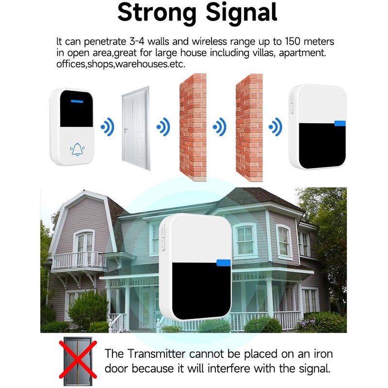 AUSHA Self-Power Wireless Doorbell - IP44 Waterproof, No Battery Required, 38 Melodies, 150m Range, Four Volume Levels - Ideal for Home, Office, Elders & Patients - Image 3