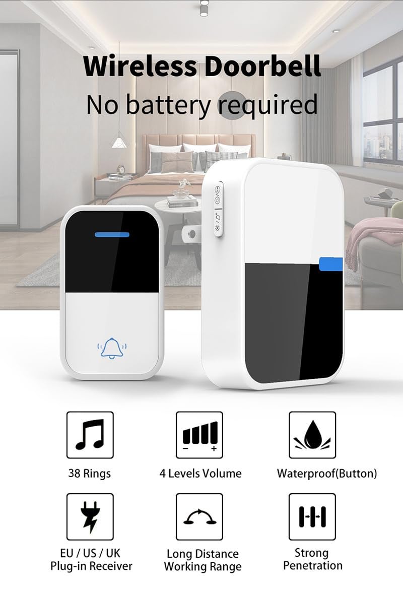 AUSHA Self-Power Wireless Doorbell - IP44 Waterproof, No Battery Required, 38 Melodies, 150m Range, Four Volume Levels - Ideal for Home, Office, Elders & Patients - Image 2