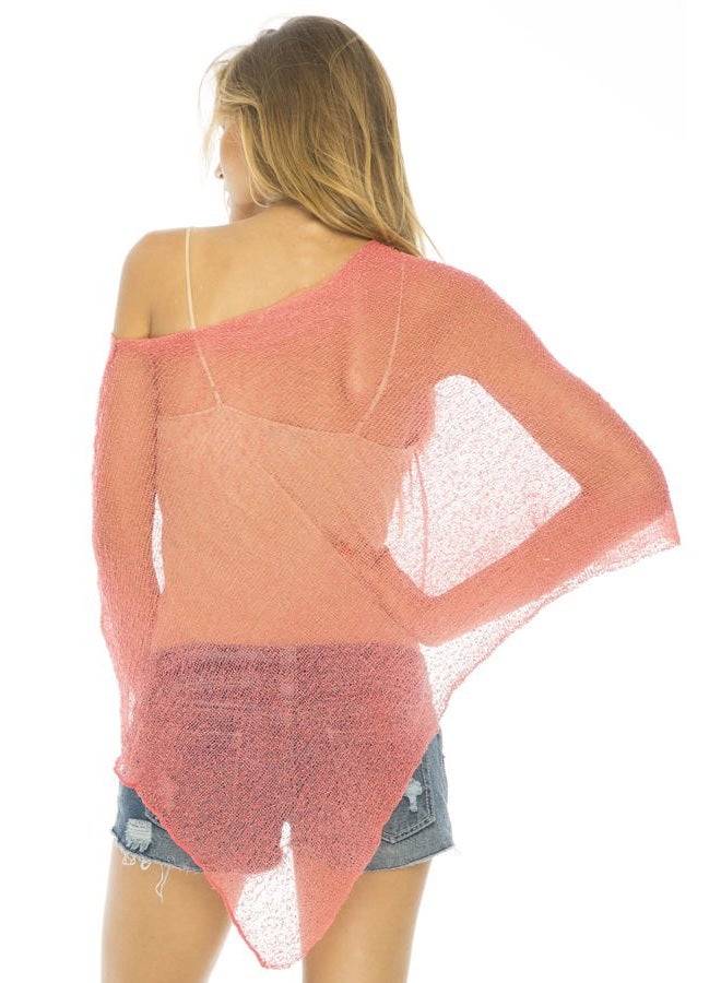 Back From Bali Womens Sheer Poncho Shrug Bolero, Lightweight Summer Shrug Pullover Sweater Coral - Image 2