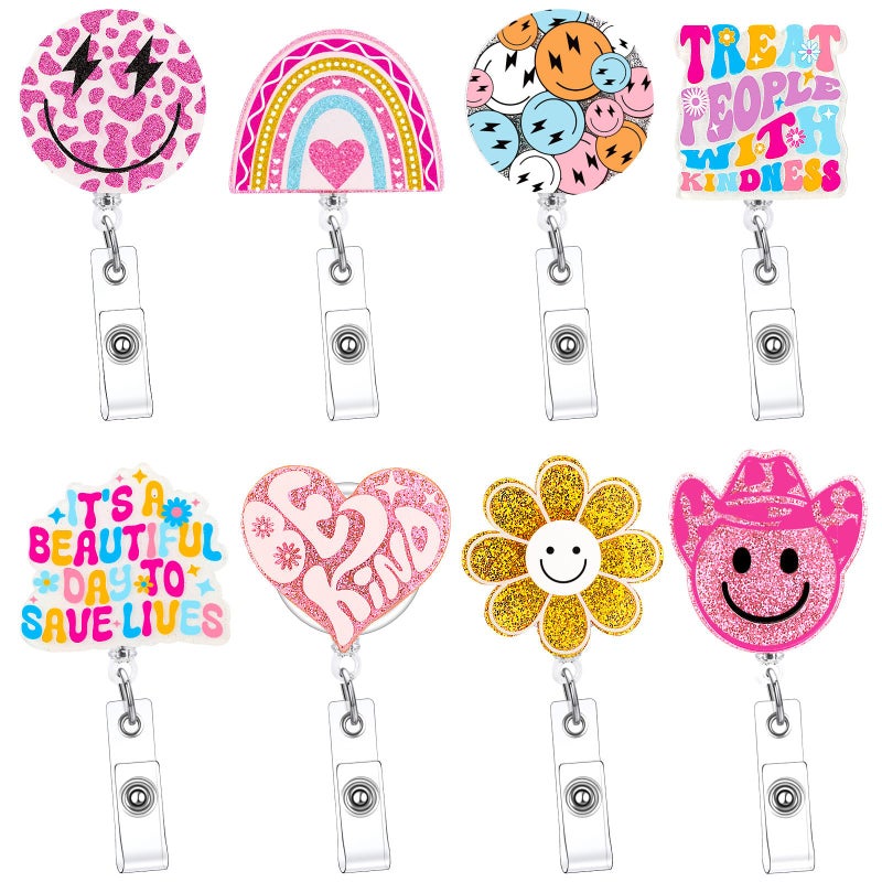 Remuuly 8 Pcs Cute Nurse Badge Reel Retractable Glitter Cow Daisy Smile Face Pink Bow Girly Funny Nurse Accessories Name Tag ID Clip Holder for Office School Hospital Teacher(Smile) - Image 1