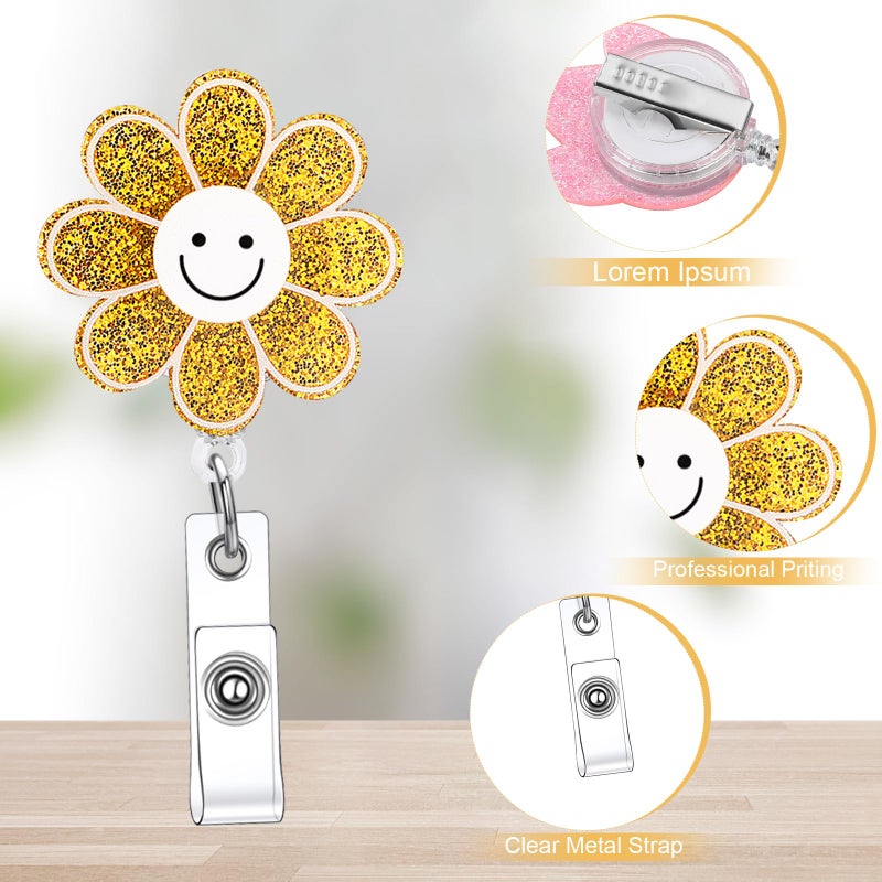 Remuuly 8 Pcs Cute Nurse Badge Reel Retractable Glitter Cow Daisy Smile Face Pink Bow Girly Funny Nurse Accessories Name Tag ID Clip Holder for Office School Hospital Teacher(Smile) - Image 3