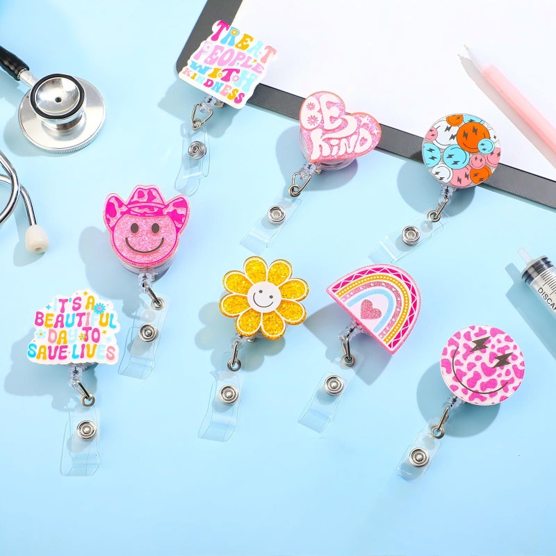 Remuuly 8 Pcs Cute Nurse Badge Reel Retractable Glitter Cow Daisy Smile Face Pink Bow Girly Funny Nurse Accessories Name Tag ID Clip Holder for Office School Hospital Teacher(Smile) - Image 4