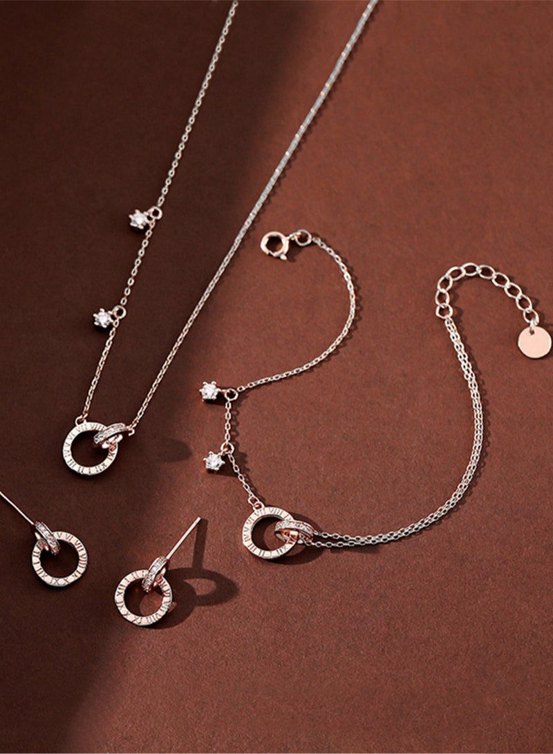 An all-over 925 silver jewelry set consisting of a Roman double-ring zirconium necklace, a bracelet and a pair of stud earrings comes in a stylish and elegant Valentine's Day gift - Image 1