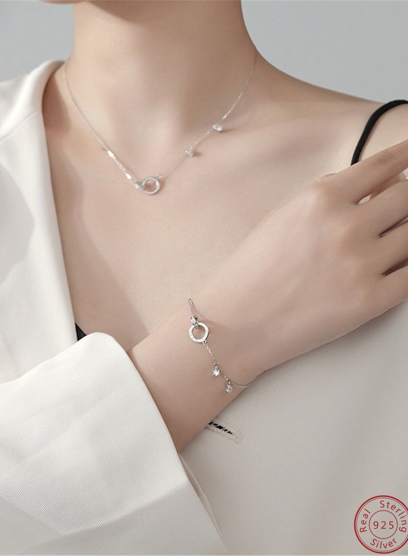 An all-over 925 silver jewelry set consisting of a Roman double-ring zirconium necklace, a bracelet and a pair of stud earrings comes in a stylish and elegant Valentine's Day gift - Image 3
