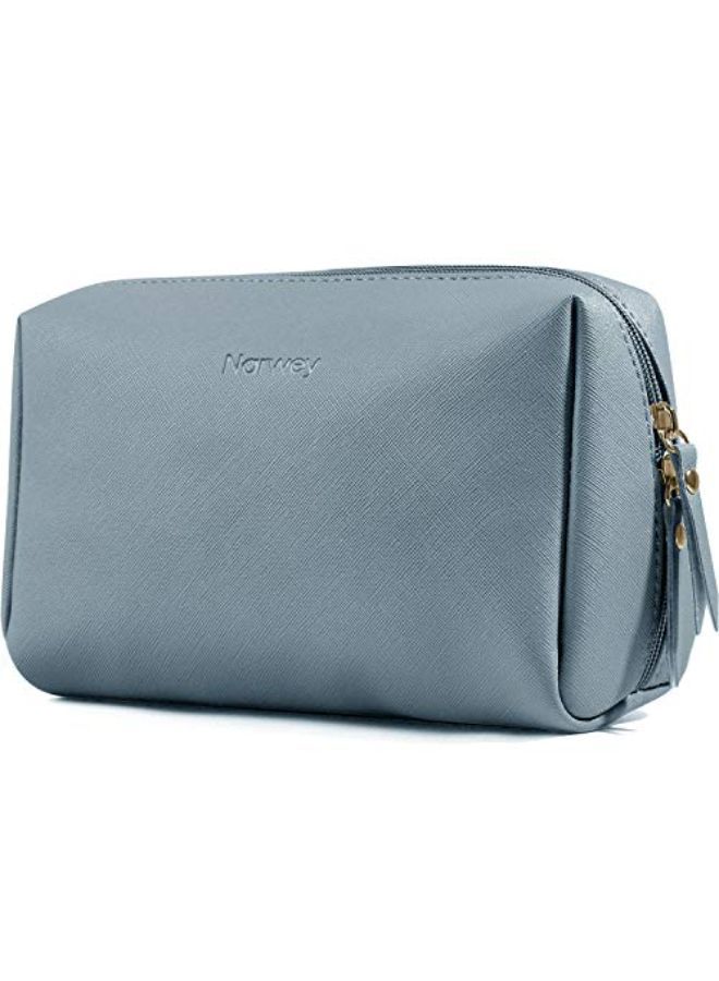 Narwey Vegan Leather Makeup Bag Zipper Pouch Travel Cosmetic Organizer For Women And Girls (Large, Greyish Blue)  - Image 1
