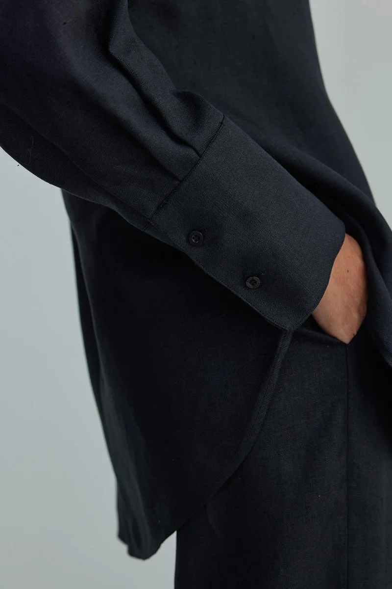 Suud Collection Saud Collection Black 100% Linen Tina Basic Shirt with Pocket