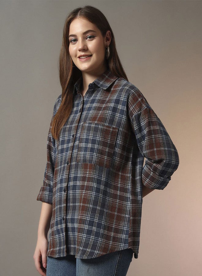 CHIMPAAANZEE Checked Spread Collar Oversized Casual Cotton Shirt - Image 4