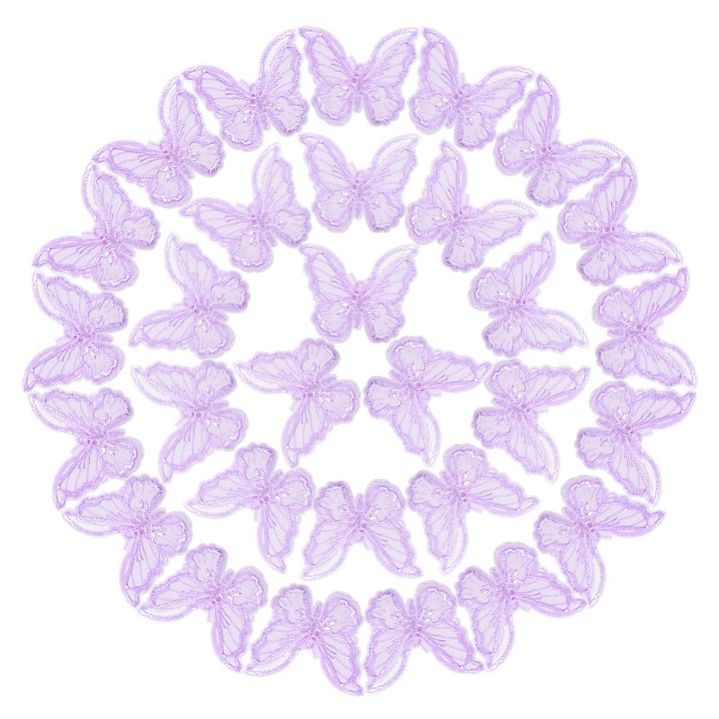 DonLeeving 50 PCS Butterfly Lace Trim Double Layers Organza Butterfly Lace Fabric Embroidery Sewing Lace for Sewing Craft DIY Clothes Dress Hair Ornaments Wedding Decor Light Purple