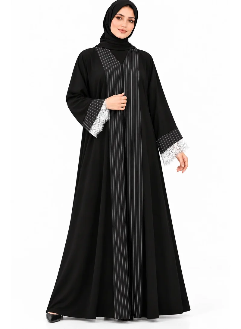 Ophelia Women's Black Pinstripe Button Front Abaya with White Lace Cuffs