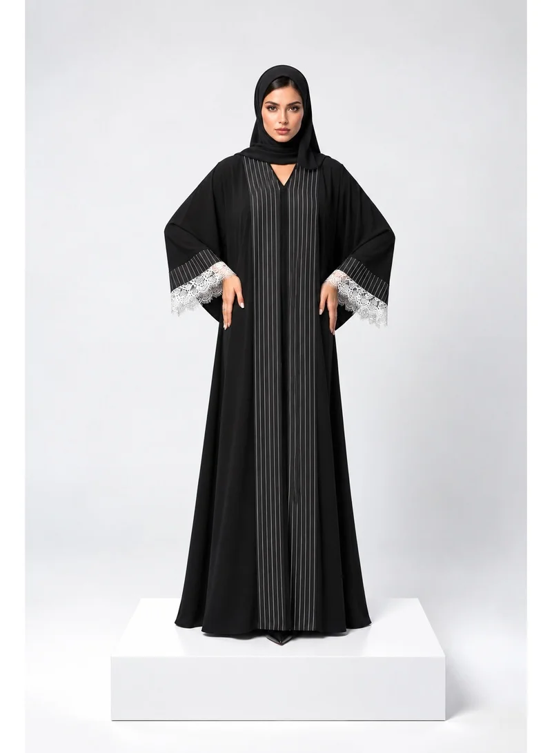 Ophelia Women's Black Pinstripe Button Front Abaya with White Lace Cuffs