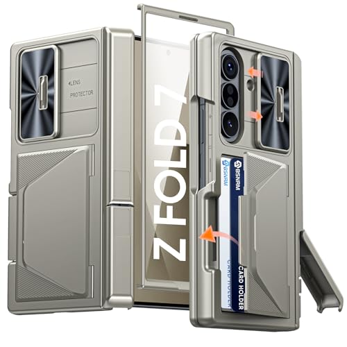 BSNRM for Samsung Galaxy Z Fold 7 Case with Card Holder RFID Blocking, Built in Slide Lens Cover & Hinge Protection & Kickstand & Screen Protector, Shockproof Wallet Case for Z Fold 7 (Titanium Gold) - Image 1