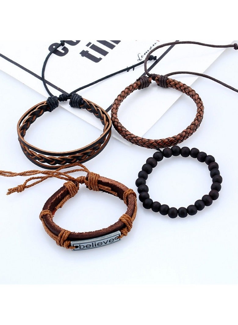 Goolsky 4pcs Leather Beaded Believe Multi Layer Leaf Bracelet Wrap Strand Bracelet for Men Women Charm Wide Wristband Wood Wooden Beads Braided Woven Tribal - Image 2