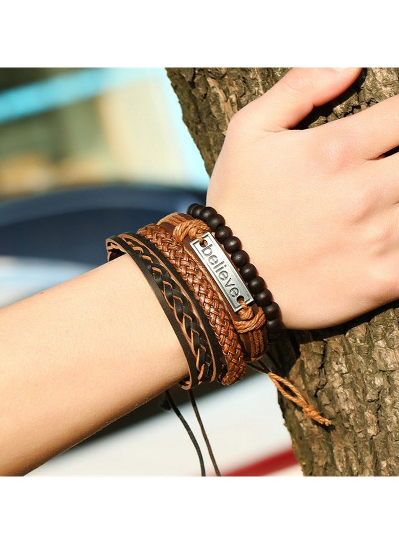 Goolsky 4pcs Leather Beaded Believe Multi Layer Leaf Bracelet Wrap Strand Bracelet for Men Women Charm Wide Wristband Wood Wooden Beads Braided Woven Tribal - Image 3
