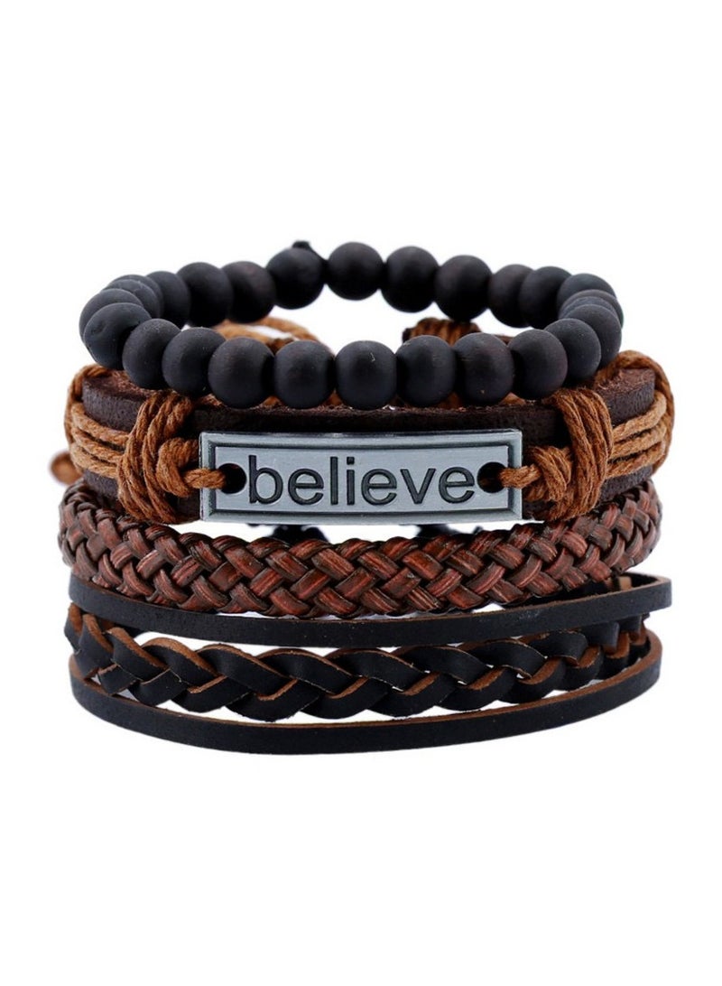 Goolsky 4pcs Leather Beaded Believe Multi Layer Leaf Bracelet Wrap Strand Bracelet for Men Women Charm Wide Wristband Wood Wooden Beads Braided Woven Tribal - Image 5