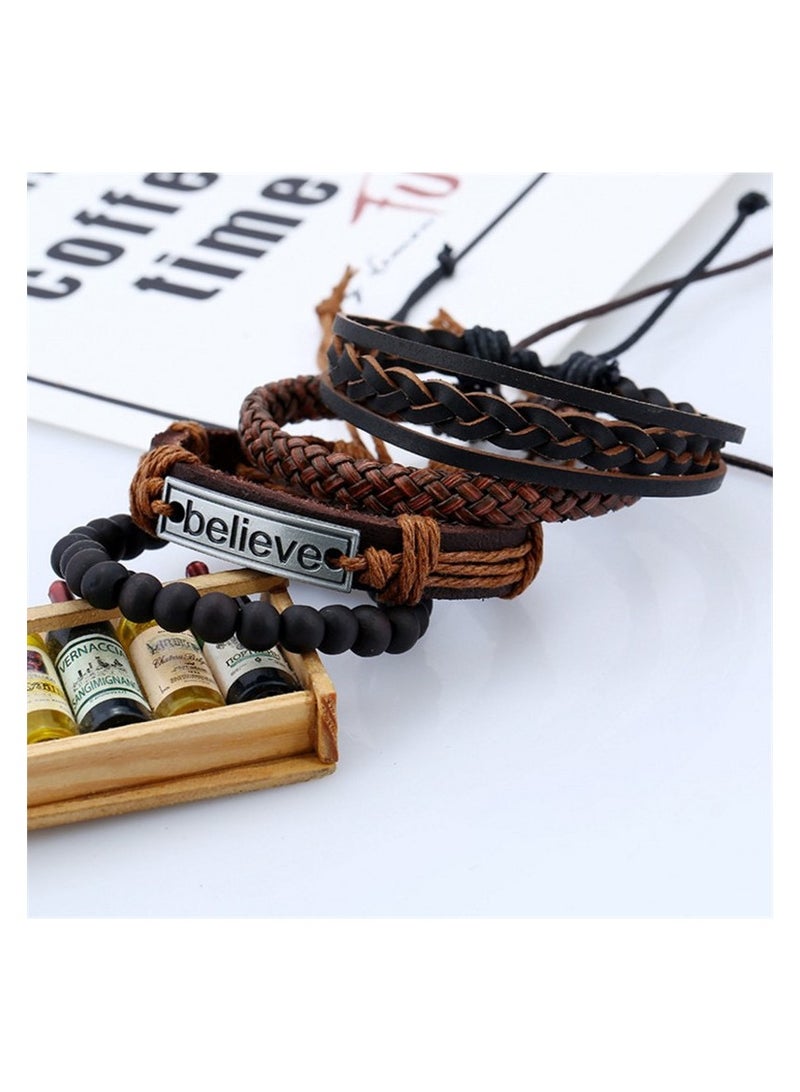 Goolsky 4pcs Leather Beaded Believe Multi Layer Leaf Bracelet Wrap Strand Bracelet for Men Women Charm Wide Wristband Wood Wooden Beads Braided Woven Tribal - Image 4