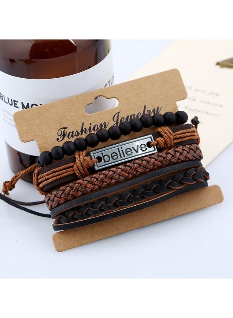 Goolsky 4pcs Leather Beaded Believe Multi Layer Leaf Bracelet Wrap Strand Bracelet for Men Women Charm Wide Wristband Wood Wooden Beads Braided Woven Tribal - Image 1