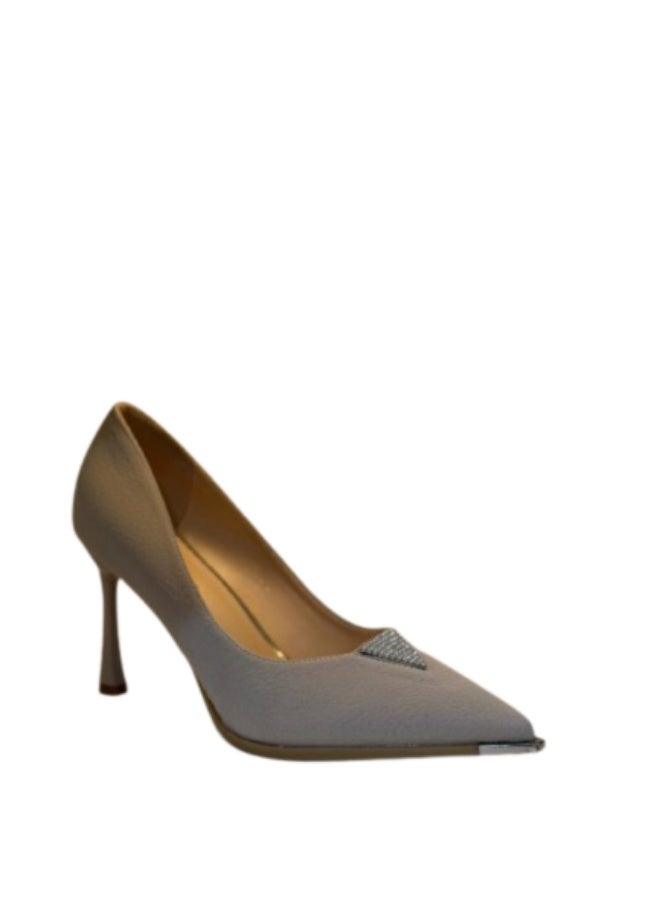 Shoe star حذاء شو ستار نسائي بيج بكعب متوسط مدبب ومزين بفص ألماس - Image 1