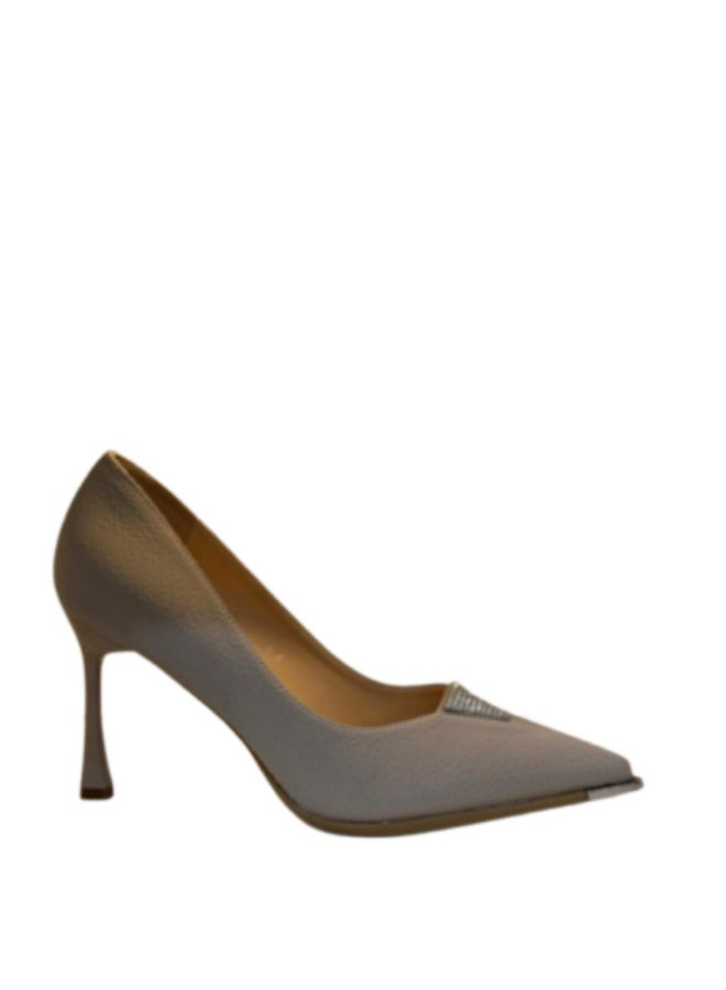 Shoe star حذاء شو ستار نسائي بيج بكعب متوسط مدبب ومزين بفص ألماس - Image 2