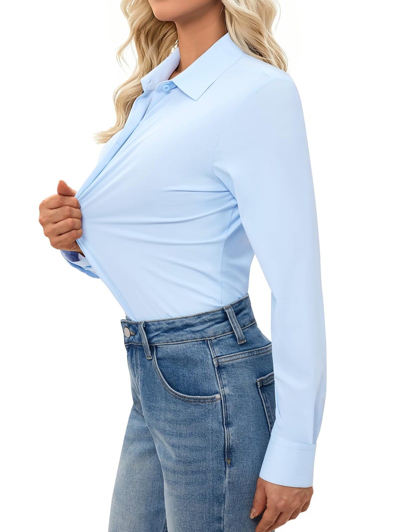 Aoudery Button Down Shirts for Women Slim Fit Long Sleeve Stretch Dress Shirts Work Shirt Wrinkle Free Office Blouse Top - Light Blue L - Image 2