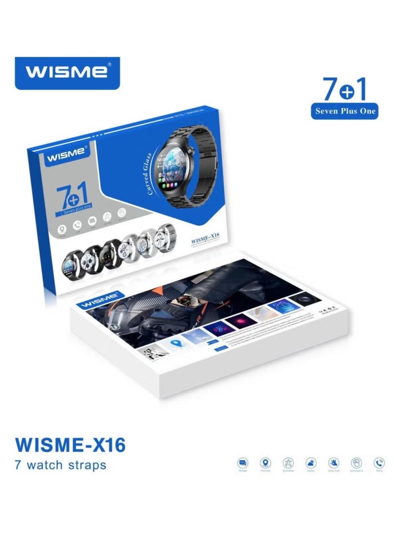 WISME ساعة ذكية X16 بتصميم دائري منحني مع 7 أحزمة قابلة للتبديل وكابل شحن، مصممة للرجال باللون الفضي - Image 2
