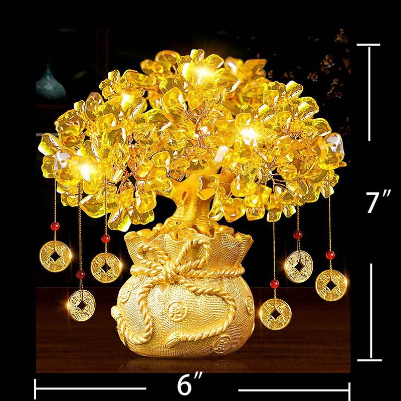 Mose Cafolo Feng Shui Crystal Money Tree with Dragon Pot Citrine Tree Hangs Lucky Cold Coins Bonsai Style Decoration for Tabletop Decoration Home Office Store (Gold) - Image 2