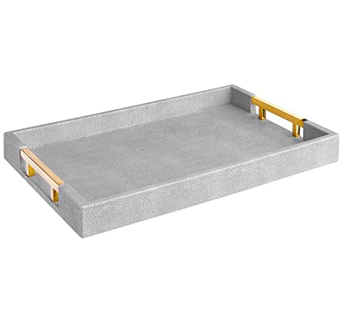 Home Redefined Modern Elegant 17.5"x12" Rectangle Glossy Grey Shagreen Faux Leather Decorative Tray Ottoman Coffee Table Perfume Kitchen Display Perfume Serving Tray with Gold Polished Metal Handles. - Image 1